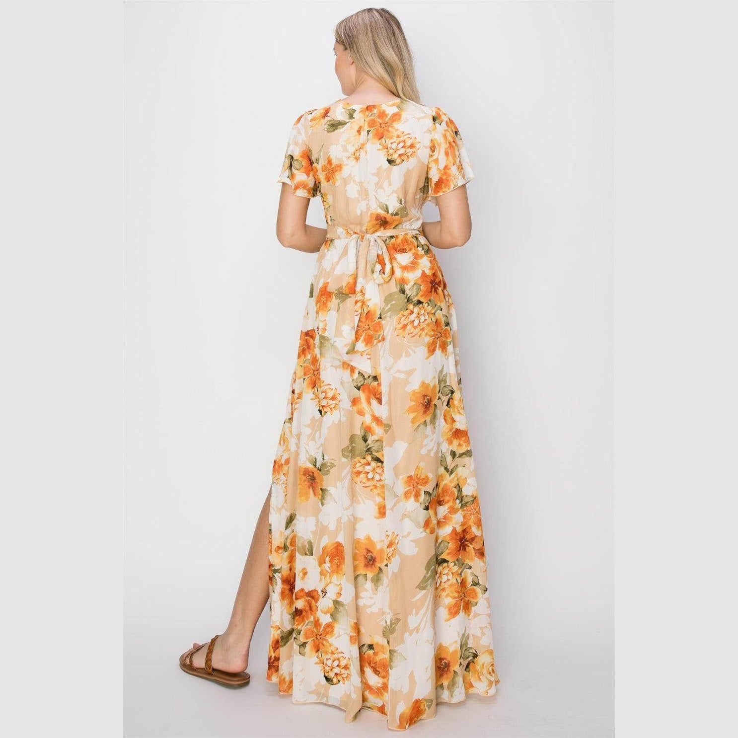 HYFVE Floral Tie Back Short Sleeve Slit Maxi Dress - VacationGrabs