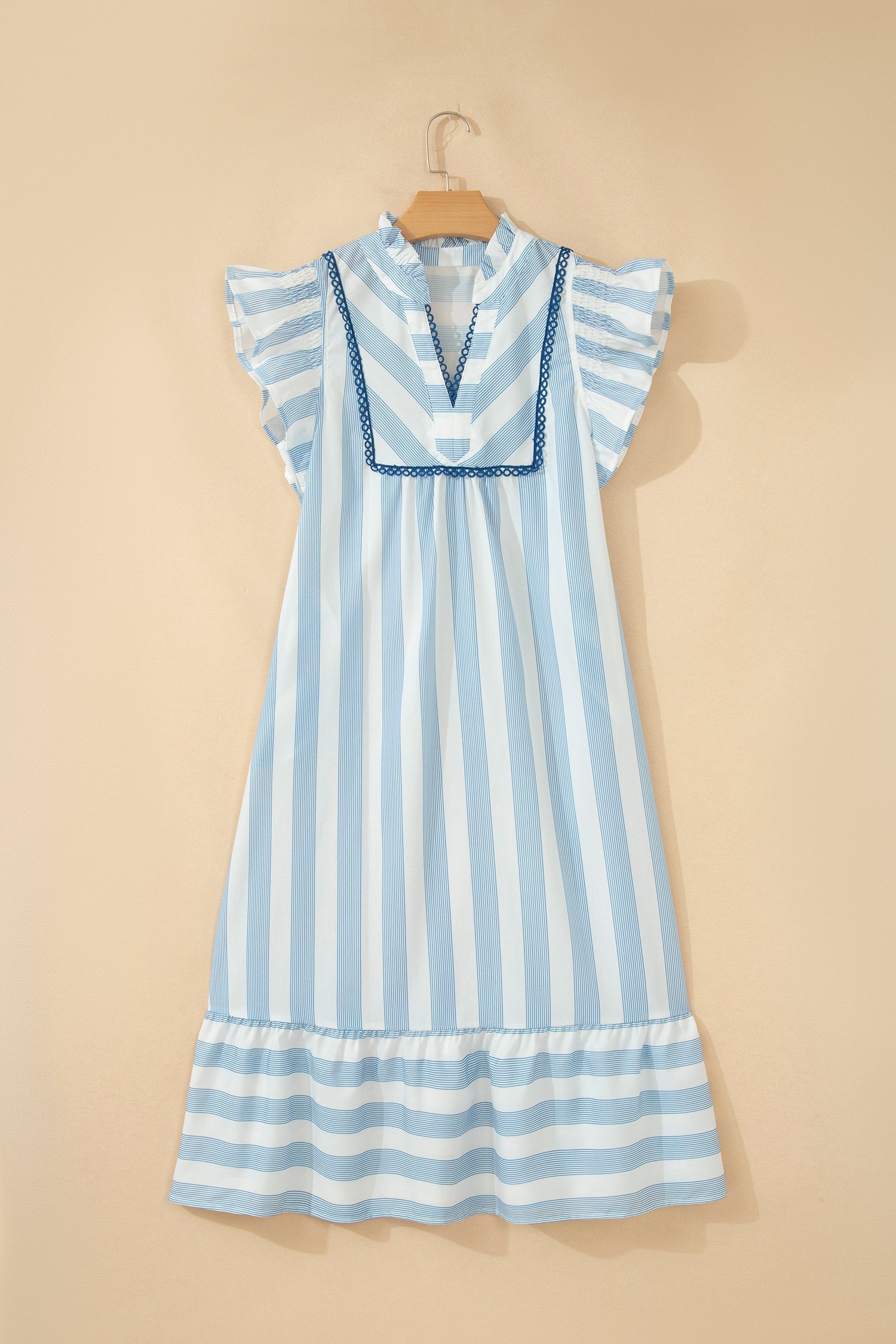 Stripe Lace Trim V-Neck Ruffle Midi Dress