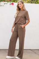 Women's Outfits & SetsSmoke Gray Solid Color T Shirt 2pcs Wide Leg Pants Set - VacationGrabs