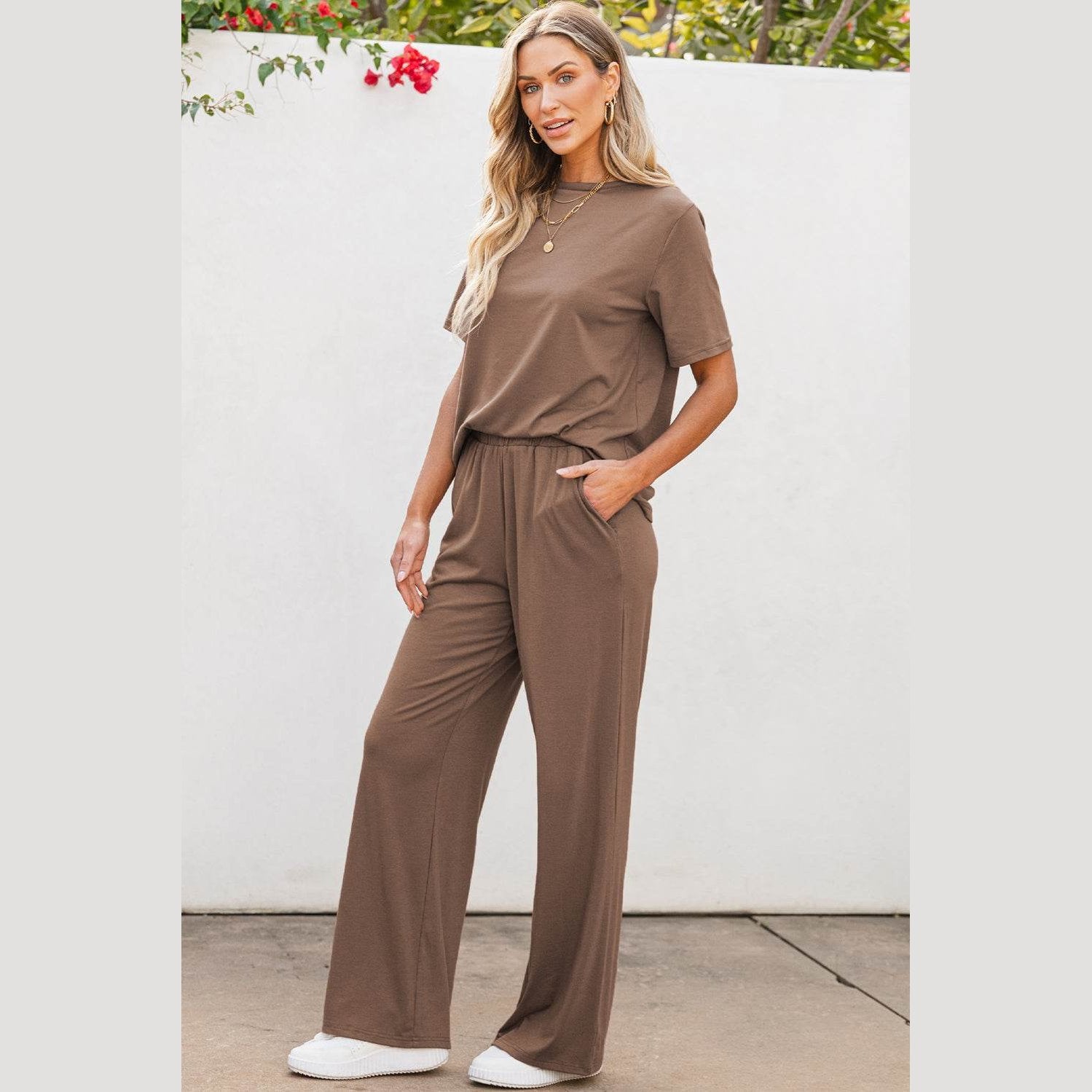Smoke Gray Solid Color T Shirt 2pcs Wide Leg Pants Set - VacationGrabs