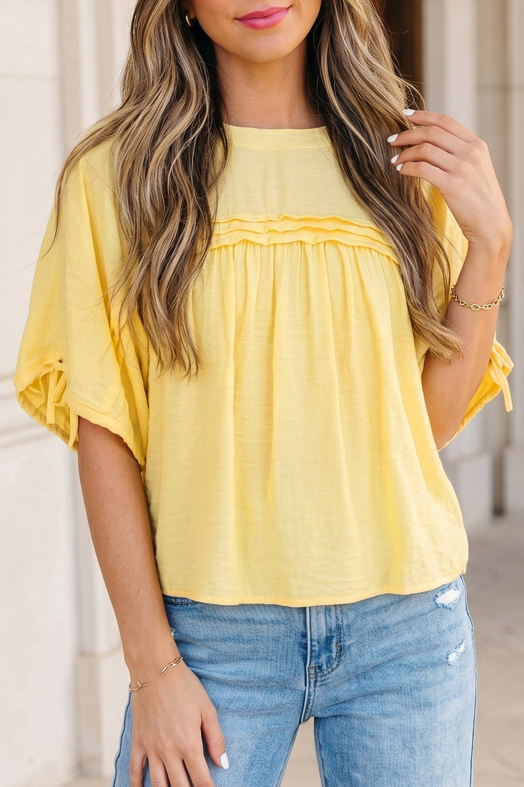 Solid Pleated Tie Sleeve Babydoll Blouse
