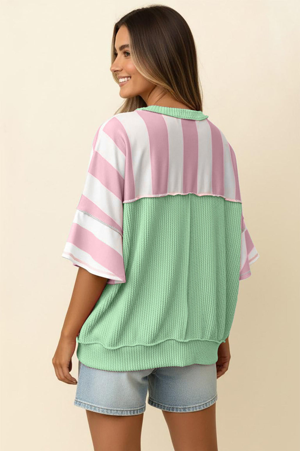 Stripe Exposed Seam Ribbed Patchwork Oversized Tee
