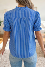 Stripe Ruffle Puff Sleeve Button Front Blouse