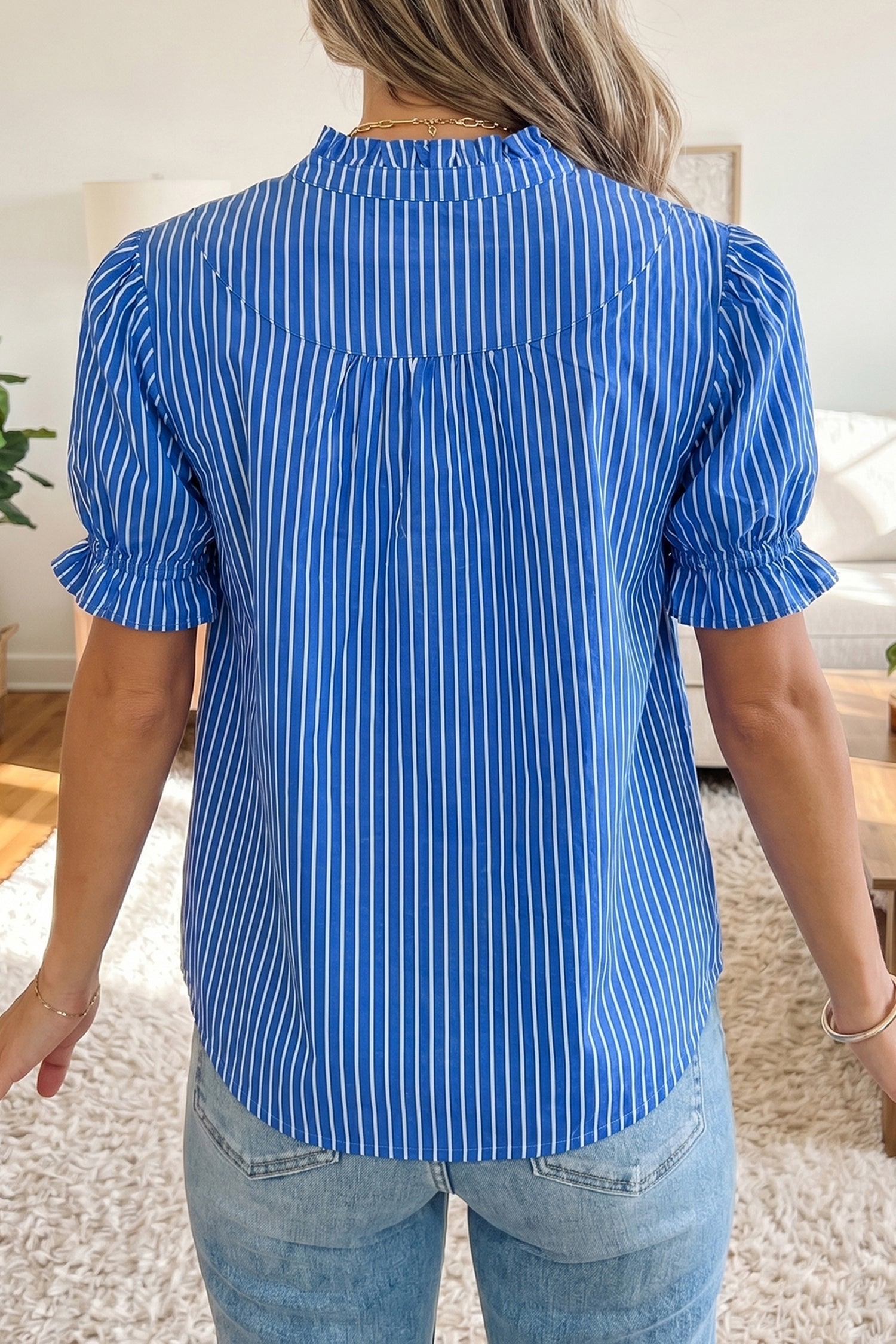 Stripe Ruffle Puff Sleeve Button Front Blouse