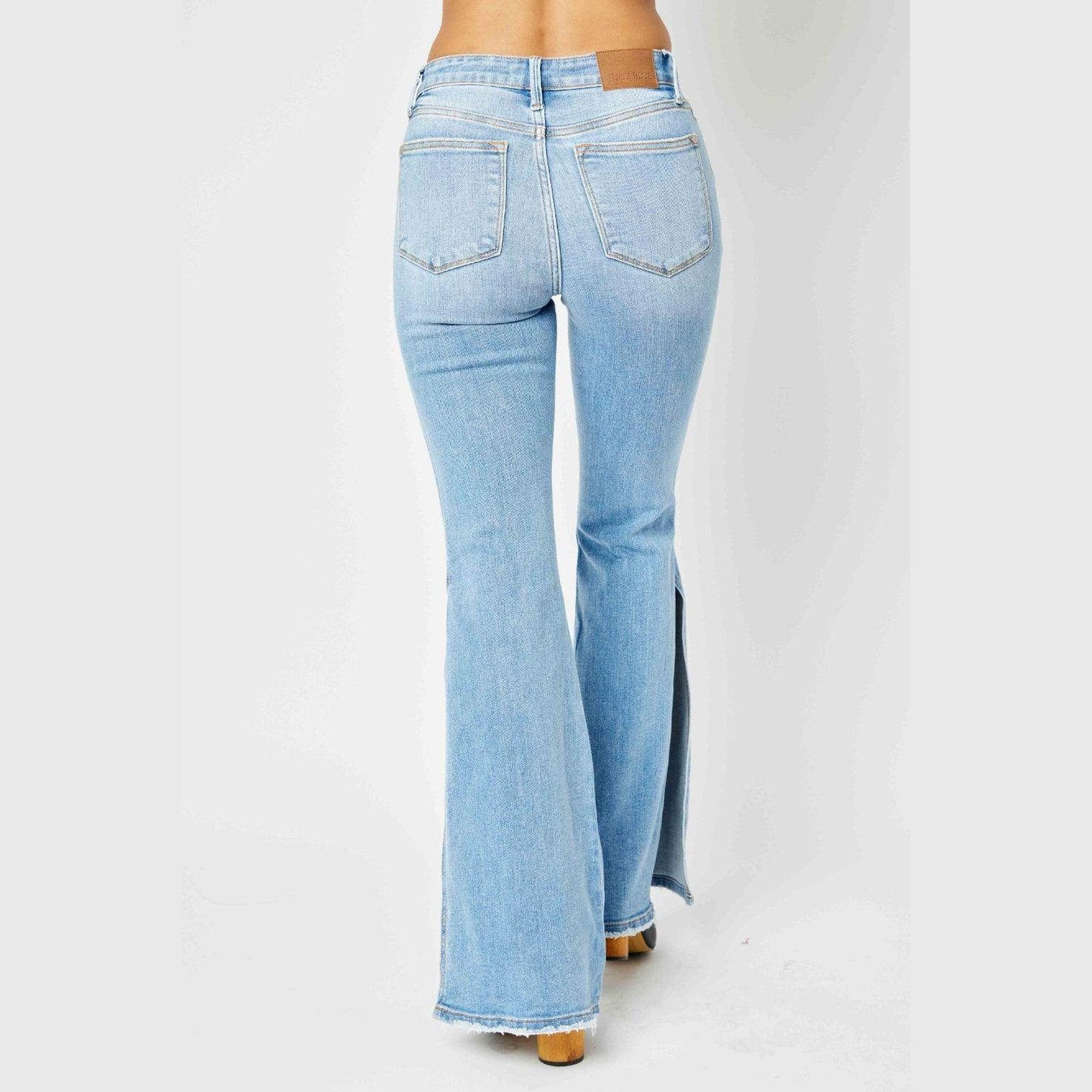 Judy Blue Full Size Mid Rise Raw Hem Slit Flare Jeans - VacationGrabs