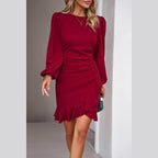 Ruched Ruffled Balloon Sleeve Mini Dress - VacationGrabs