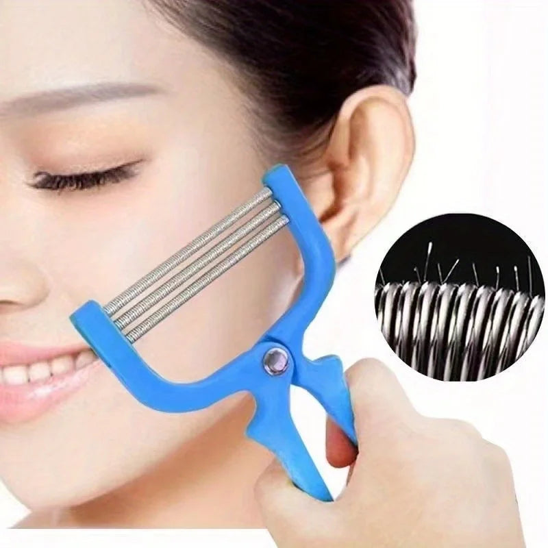 Facial hair removal tool in blue, stainless steel for smooth skin