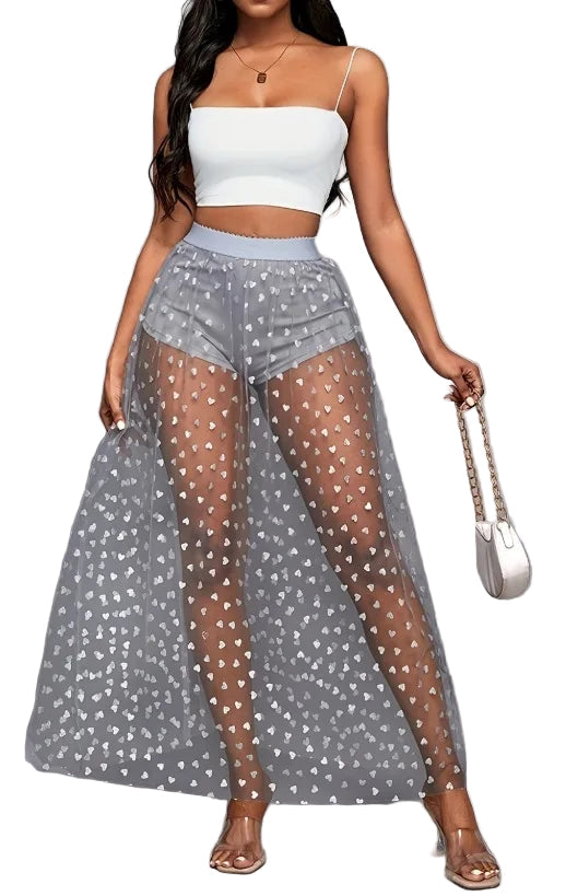 VacationGrabs Long Sheer Lace Skirt with Shorts