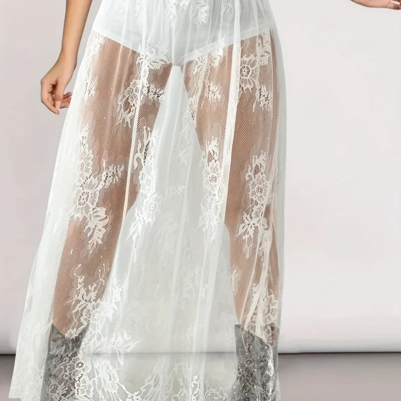 White sheer lace skirt featuring black sheer lace skirt with shorts underneath for layered style