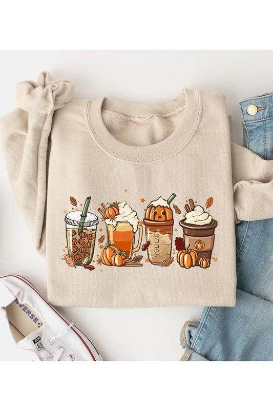 Color Bear fall fleece sweatshirt with cute pumpkin spice drink graphics, perfect for autumn styling