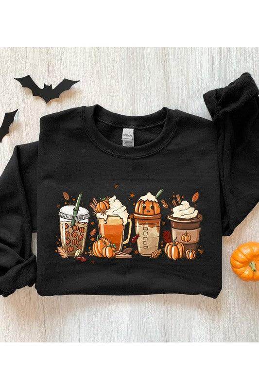 Color Bear fall fleece sweatshirt featuring festive drink illustrations and seasonal elements