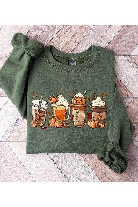 Color Bear fall fleece sweatshirt featuring autumn-themed beverage designs and cozy long sleeves