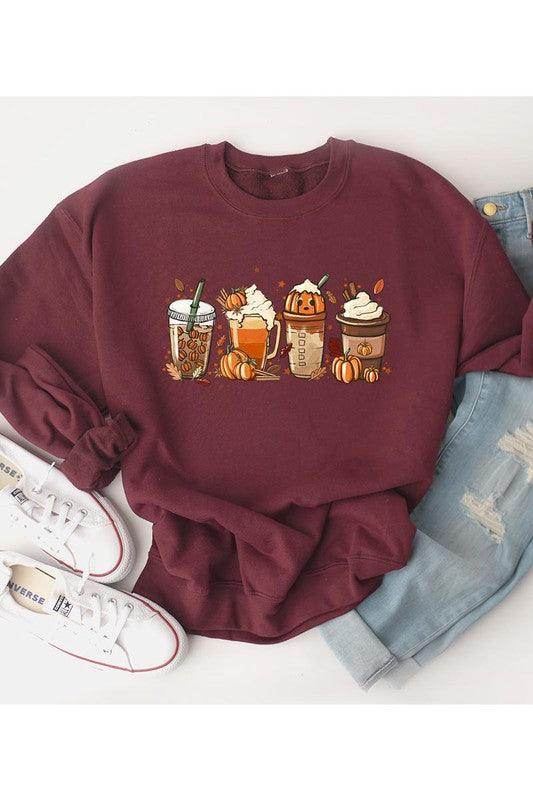 Color Bear women's fall fleece sweatshirt with a festive drink graphic in deep burgundy color