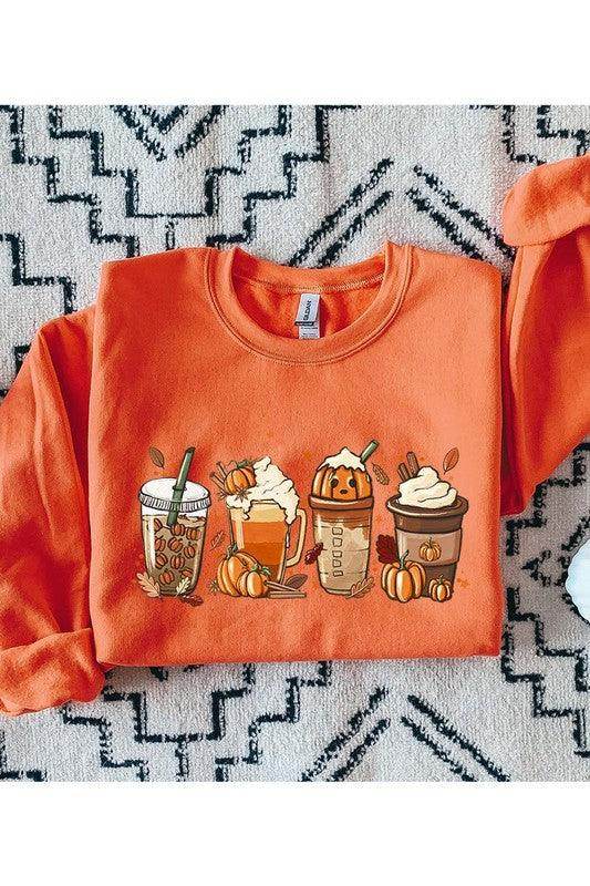 Color Bear fall fleece sweatshirt in orange with festive drink graphics for autumn style