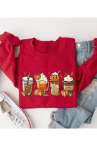 Color Bear red fall fleece sweatshirt featuring cozy autumn drink graphics