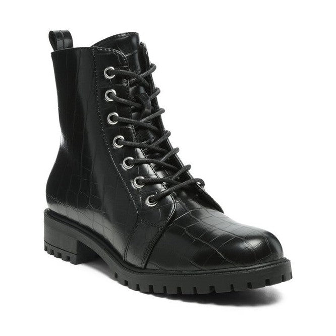 Rag Company Black Crocodile Print Fashion Ankle Boots for Vacation with Lace-Up Design