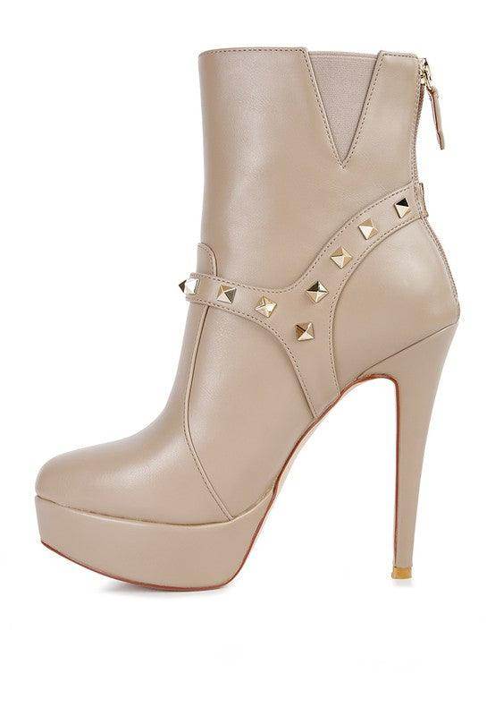 Beige fashion ankle boots online with studded strap and high heel for trendy women's footwear