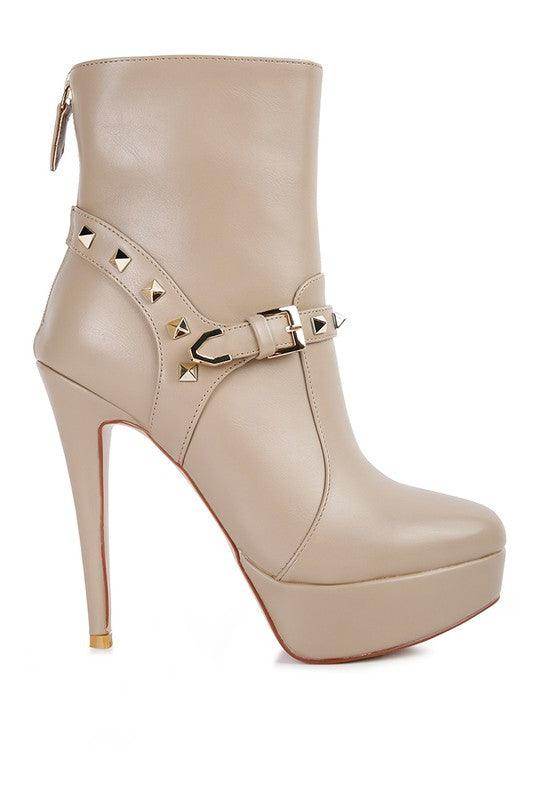 Rag Company fashion ankle boots online in beige with studded belt and high stiletto heel