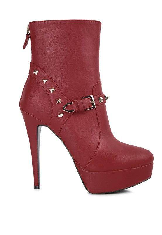 Rag Company red fashion ankle boots online with high heel and studded buckle detail