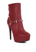 Stylish red fashion ankle boots online with studded strap and high heel for a chic look