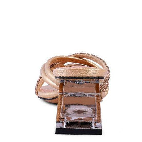 Stylish women's fashion block heel shoes in gold with elegant crossover strap design