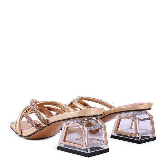 Stylish women's fashion block heel shoes with transparent block heels and strappy design