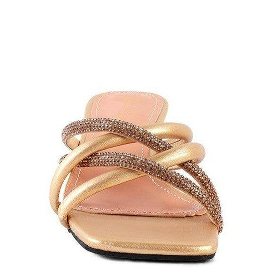 Stylish women's fashion block heel shoes with intricate crisscross design and sparkling embellishments