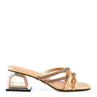 Stylish gold fashion block heel shoes with metallic accents and strappy design for elegant looks