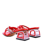 Stylish red fashion block heel shoes with rhinestone detailing and transparent heels for modern elegance