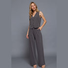 VacationGrabs women's high waist pinstripe trousers paired with matching vest in gray