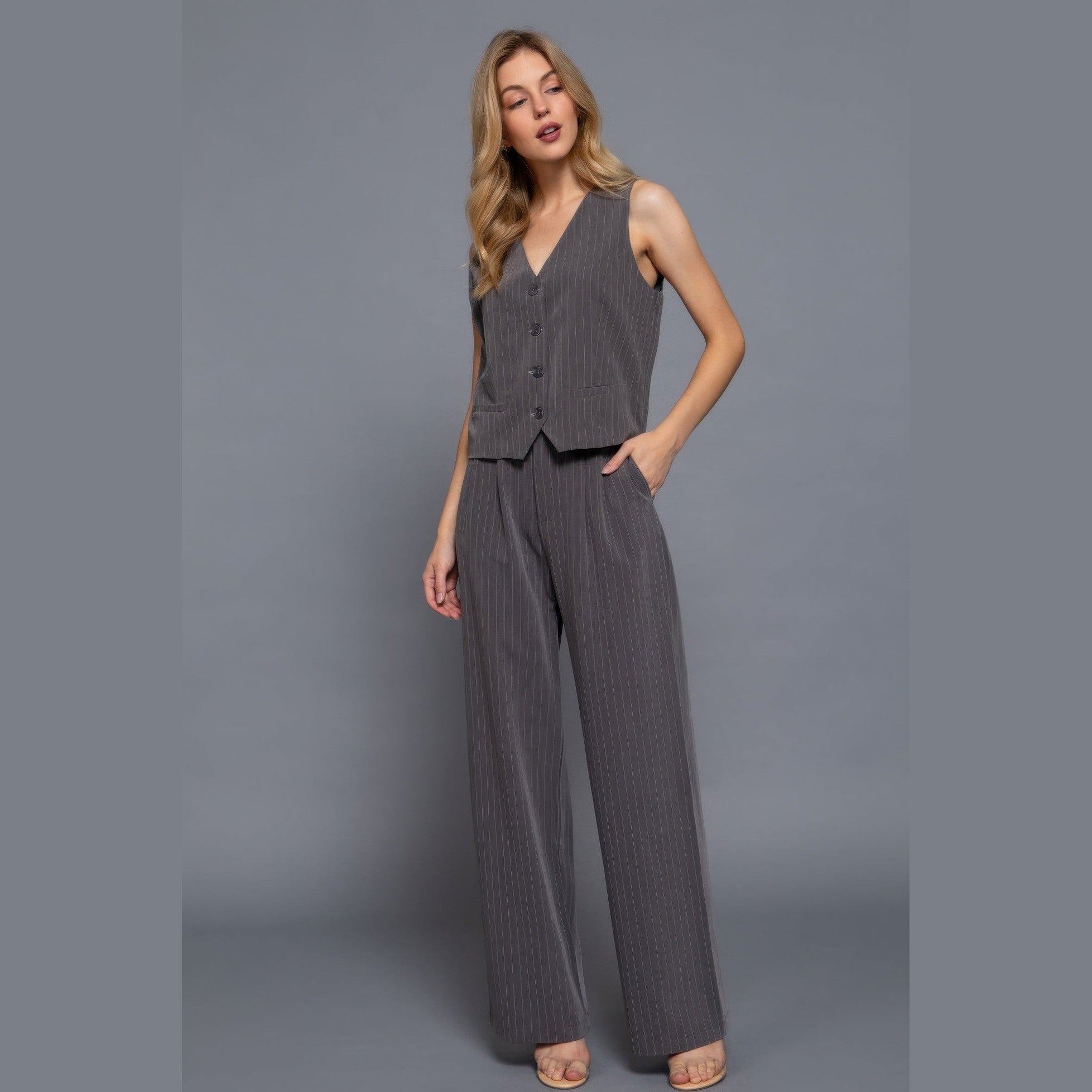 VacationGrabs women's high waist pinstripe trousers paired with matching vest in gray