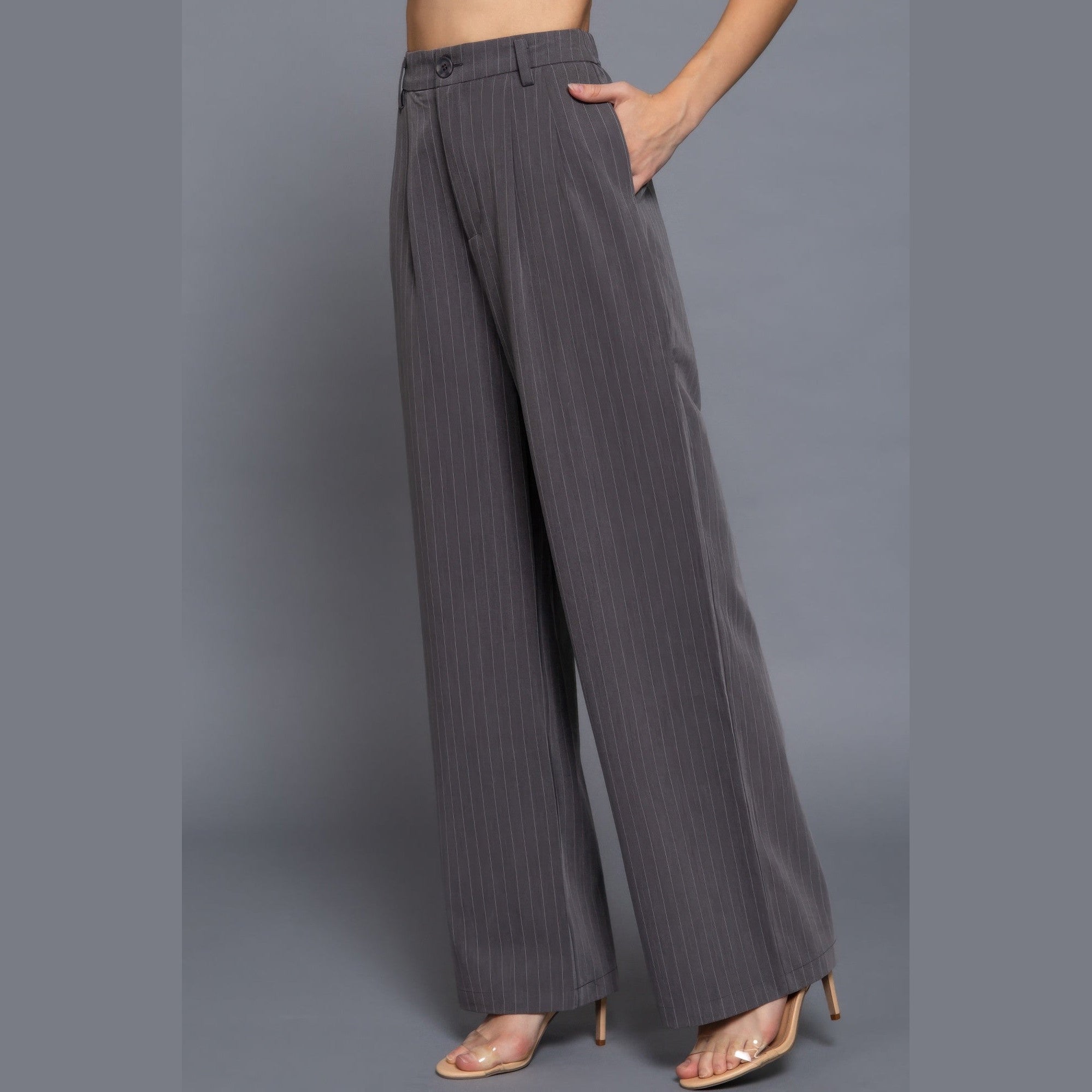 VacationGrabs women's high waist pinstripe trousers in gray with wide-leg fit and side pockets