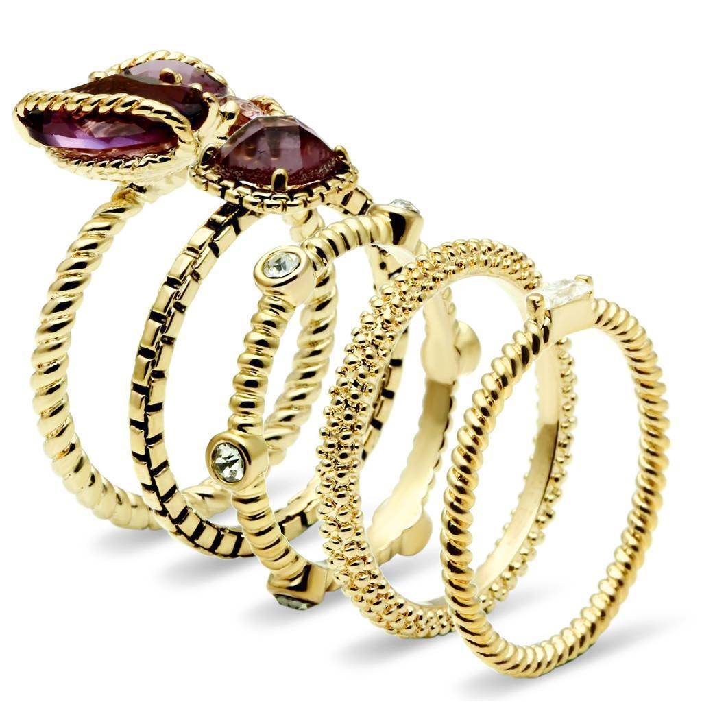 Fashion brass ring set for women featuring multiple designs and sparkling accents in gold tone