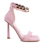 Pink fashion chain strap heels with high stiletto and suede finish for stylish women's footwear
