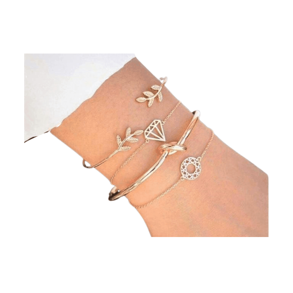 Four elegant fashion charm bracelets for women showcasing diamond and leaf designs on a wrist