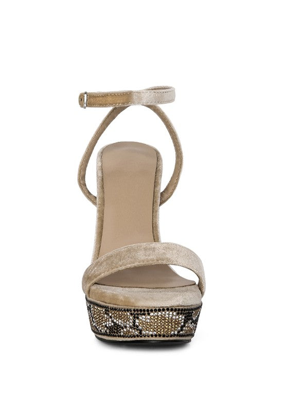 Women's diamante studded high heel sandals in beige with ankle strap