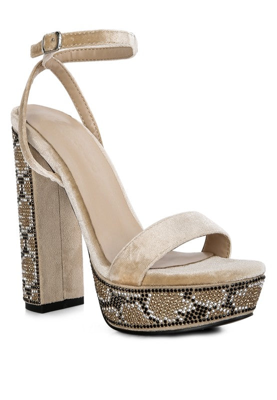 Beige diamante studded high heel sandals with ankle strap for stylish elevation