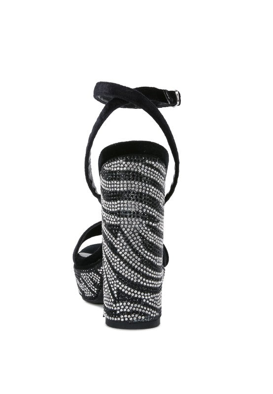 Women's diamante studded high heel sandals in black, perfect for special occasions