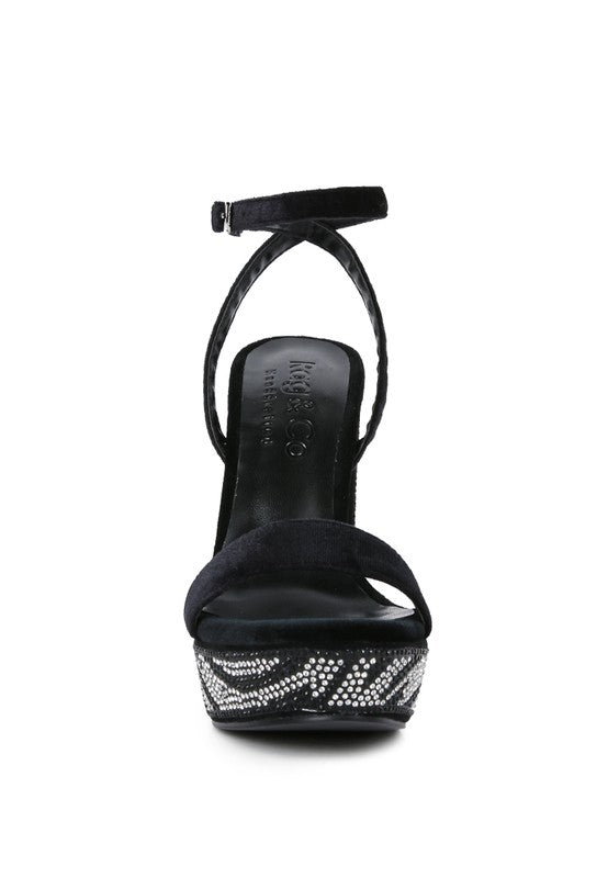 Black diamante studded high heel sandals for elegant occasions
