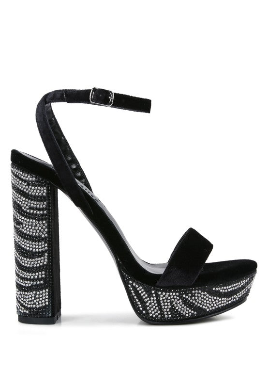 Black diamante studded high heel sandals for elegant evenings