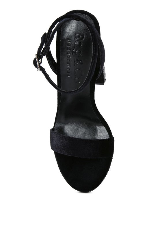 Women's diamante studded high heel sandals in black suede for evening wear