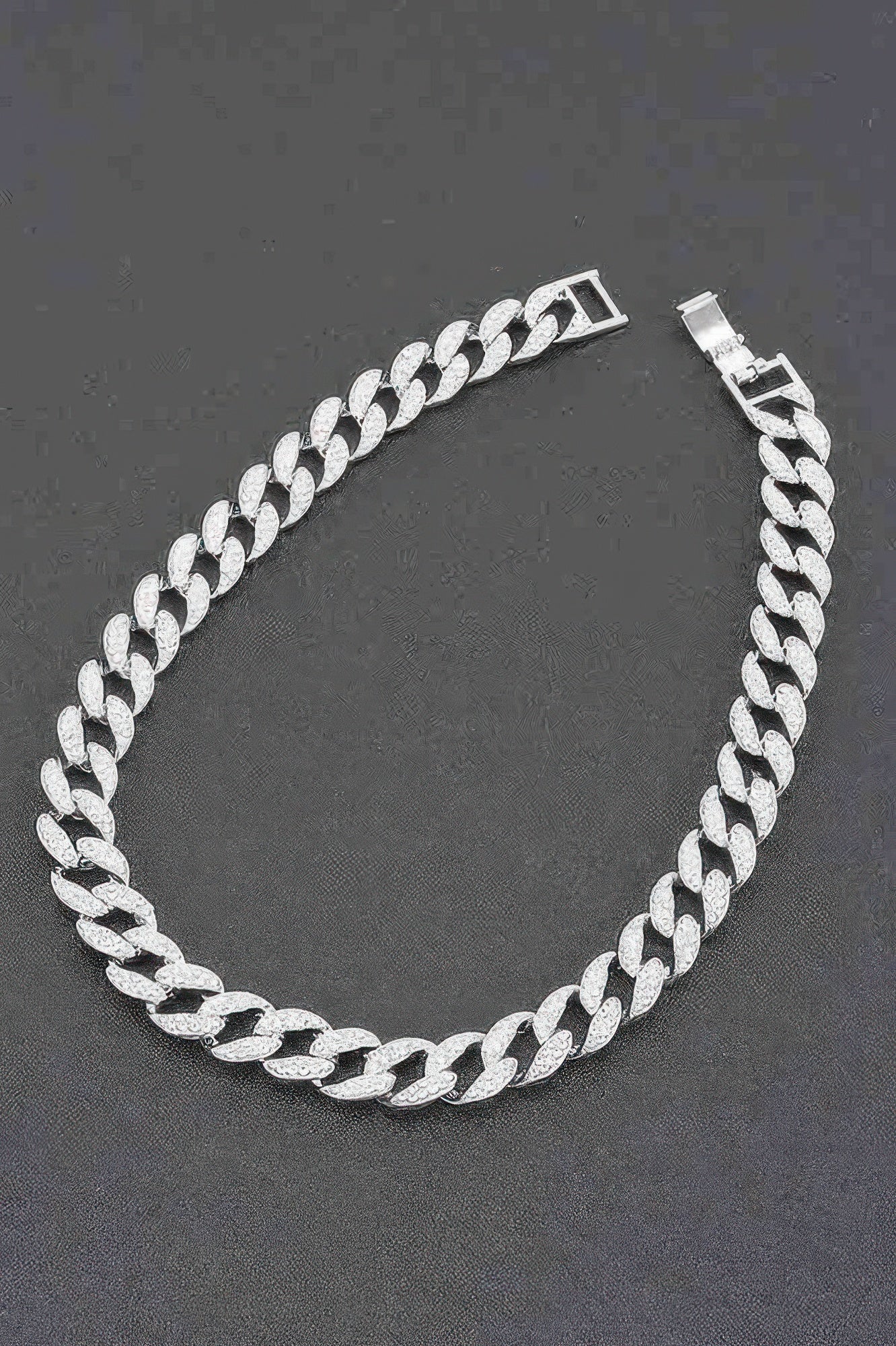 VacationGrabs men's fashion hammered chain necklace in silver with textured links on black background