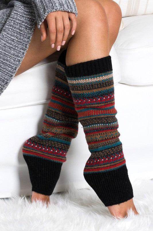 Aili's Corner fashion legwarmers in multi-colored knit design, perfect for stylish winter outfits