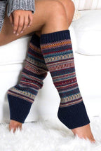 Aili's Corner fashion legwarmers in navy with colorful patterns for trendy winter outfits