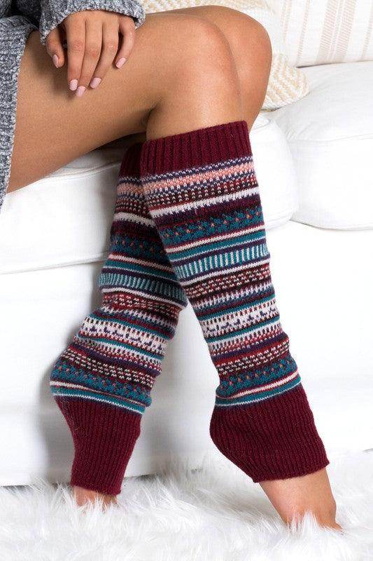 Aili's Corner fashion legwarmers in burgundy and multicolor striped patterns, perfect for winter styling