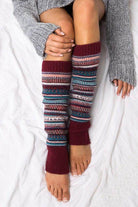 Aili's Corner fashion legwarmers in burgundy with colorful patterns, perfect for stylish winter layering