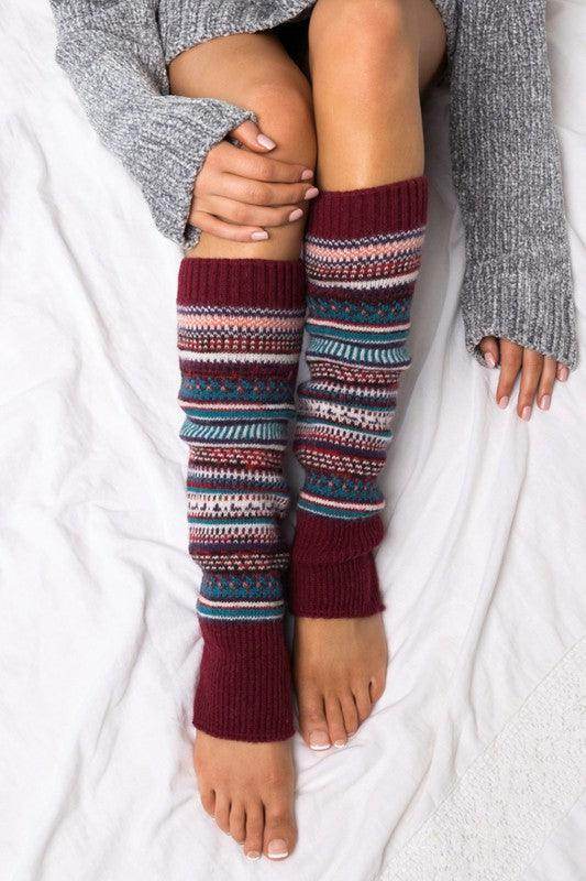Aili's Corner fashion legwarmers in burgundy with colorful patterns, perfect for stylish winter layering