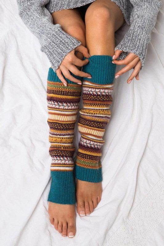 Colorful Aili's Corner fashion legwarmers with patterns, perfect for winter warmth and style