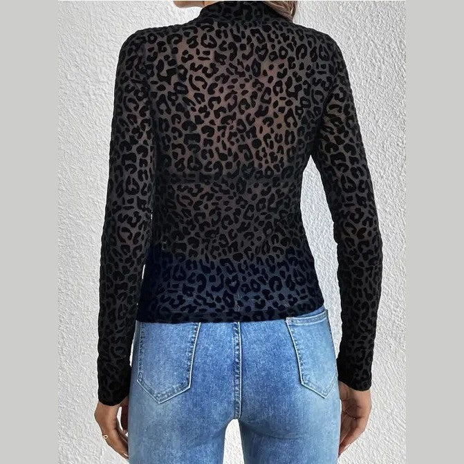 Miss Sparkling leopard print mesh top sheer long sleeve fitted top shown from back paired with light blue jeans