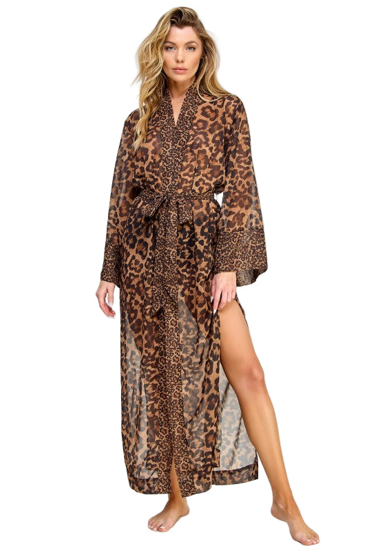 Model wearing long sheer leopard print womens robe with tie waist full length side slit and long sleeves
